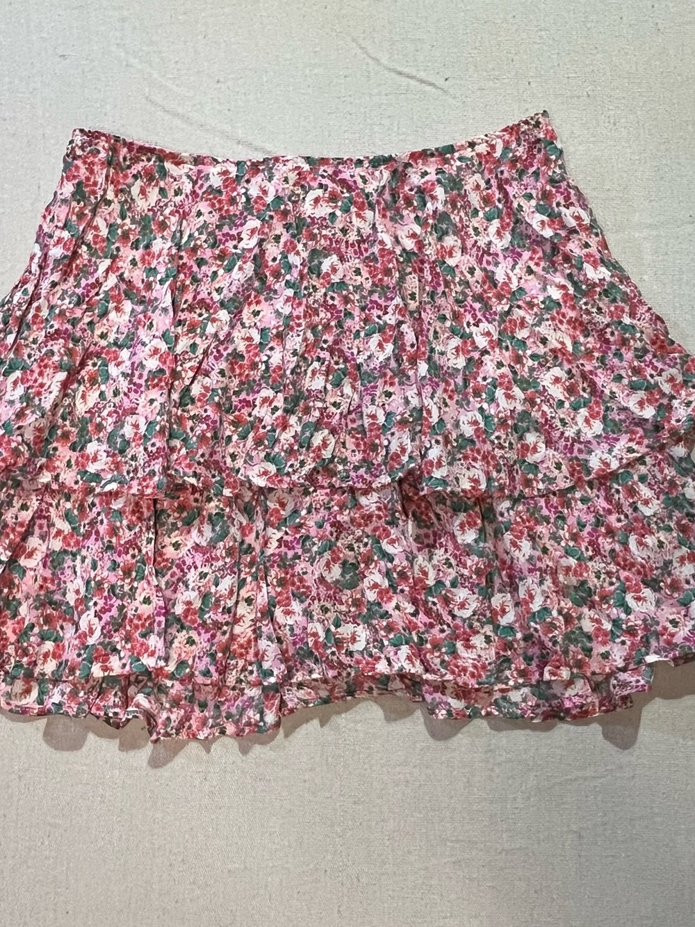 Zara Ditsy Floral Tiered Ruffle Mini Skirt, Attached Shorts, Size S, Pink/Green